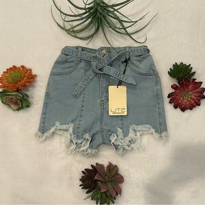 NWT Litz Light Blue High-Rise Distressed Ripped Frayed Denim Shorts Tie Belt